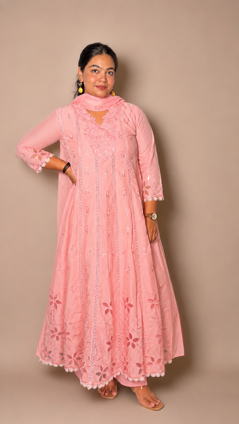"INDIRA"- Pastel Floral Embroidered Anarkali Suit set