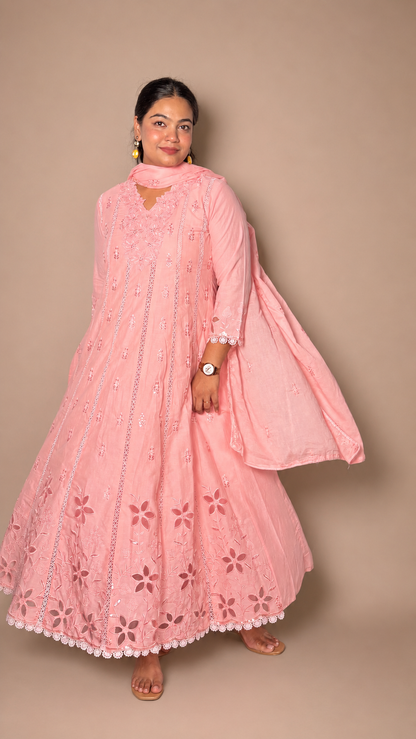 "INDIRA"- Pastel Floral Embroidered Anarkali Suit set