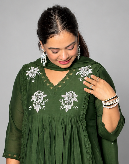 "TANISHA"- Green Emerald Rose A-Line Luxe Suit Set
