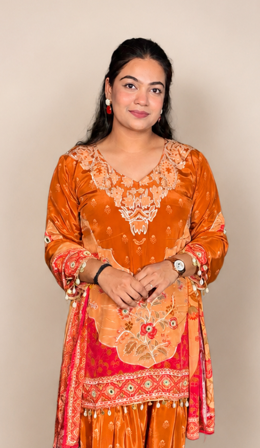 "MRINAL"- Amber Rust Heritage Farshi Luxe Suit Set