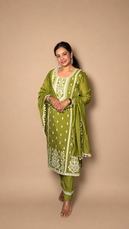 "ISHITA"- Olive Chikankari Three Piece Set