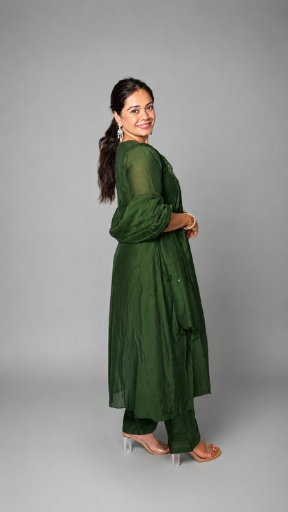"TANISHA"- Green Emerald Rose A-Line Luxe Suit Set