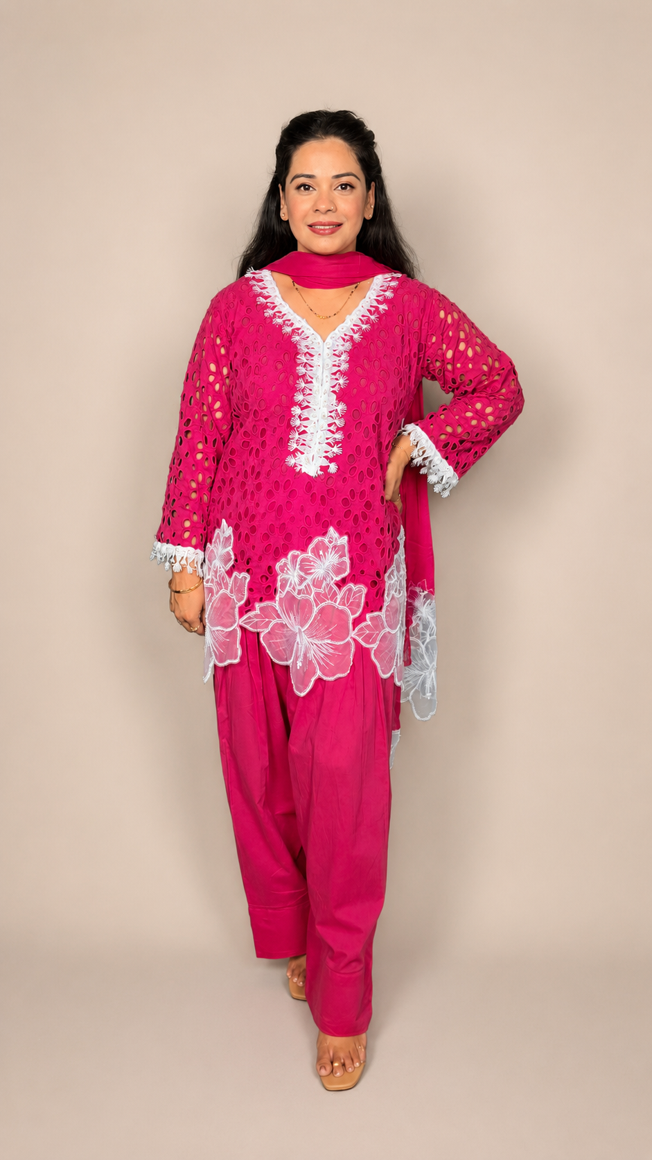 "VAIDEHI"- Ruby Schiffli Farshi Suit Set