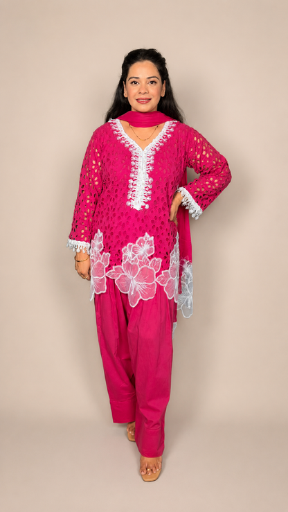"VAIDEHI"- Ruby Schiffli Farshi Suit Set