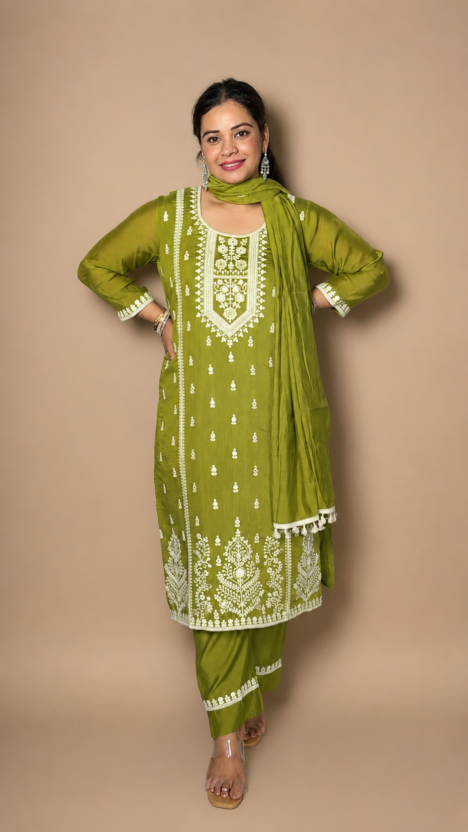 "ISHITA"- Olive Chikankari Three Piece Set