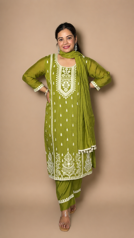 "ISHITA"- Olive Chikankari Three Piece Set