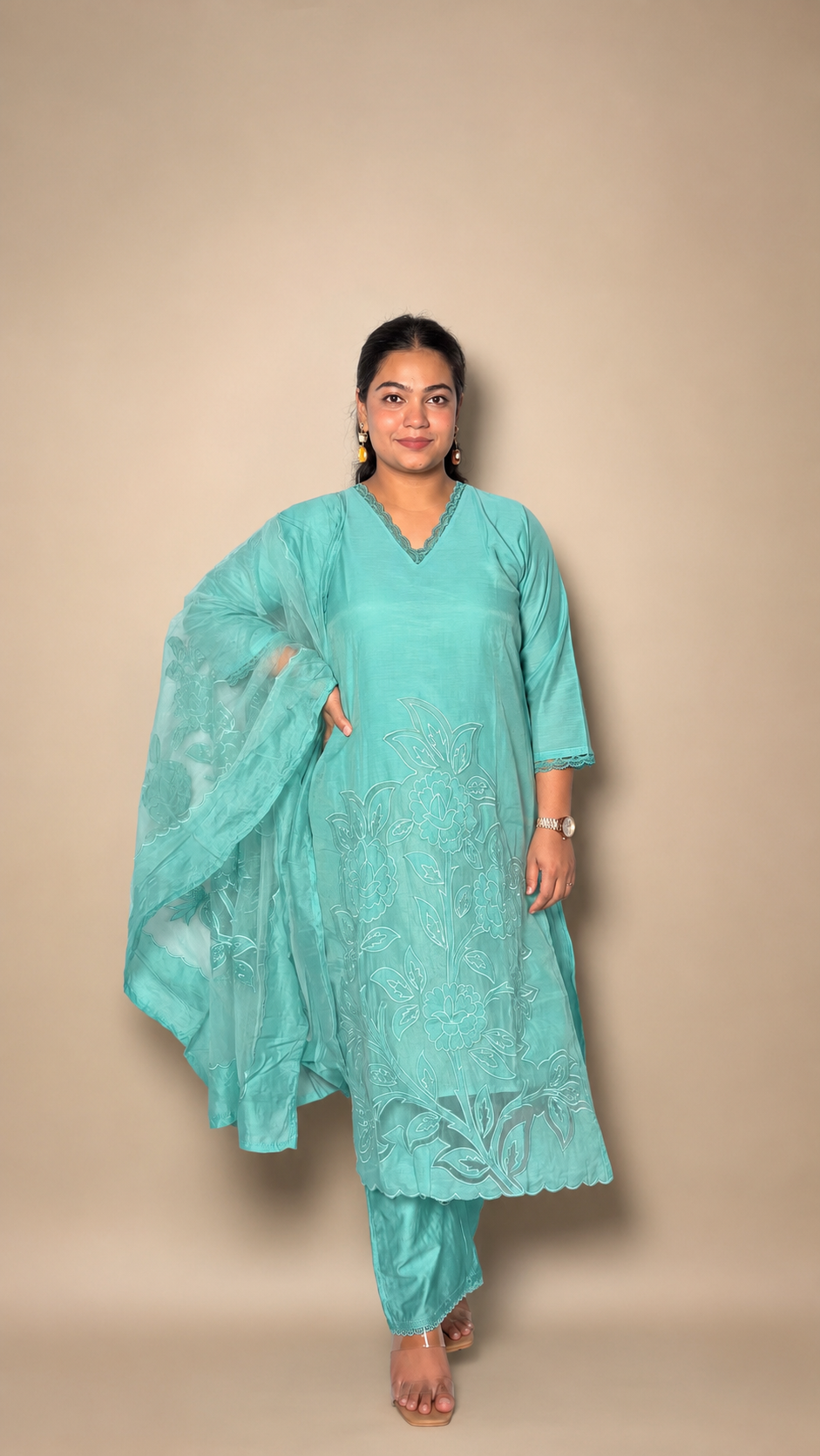 "VEDA"- Aqua Blue Floral Laser Cut Three Piece Set