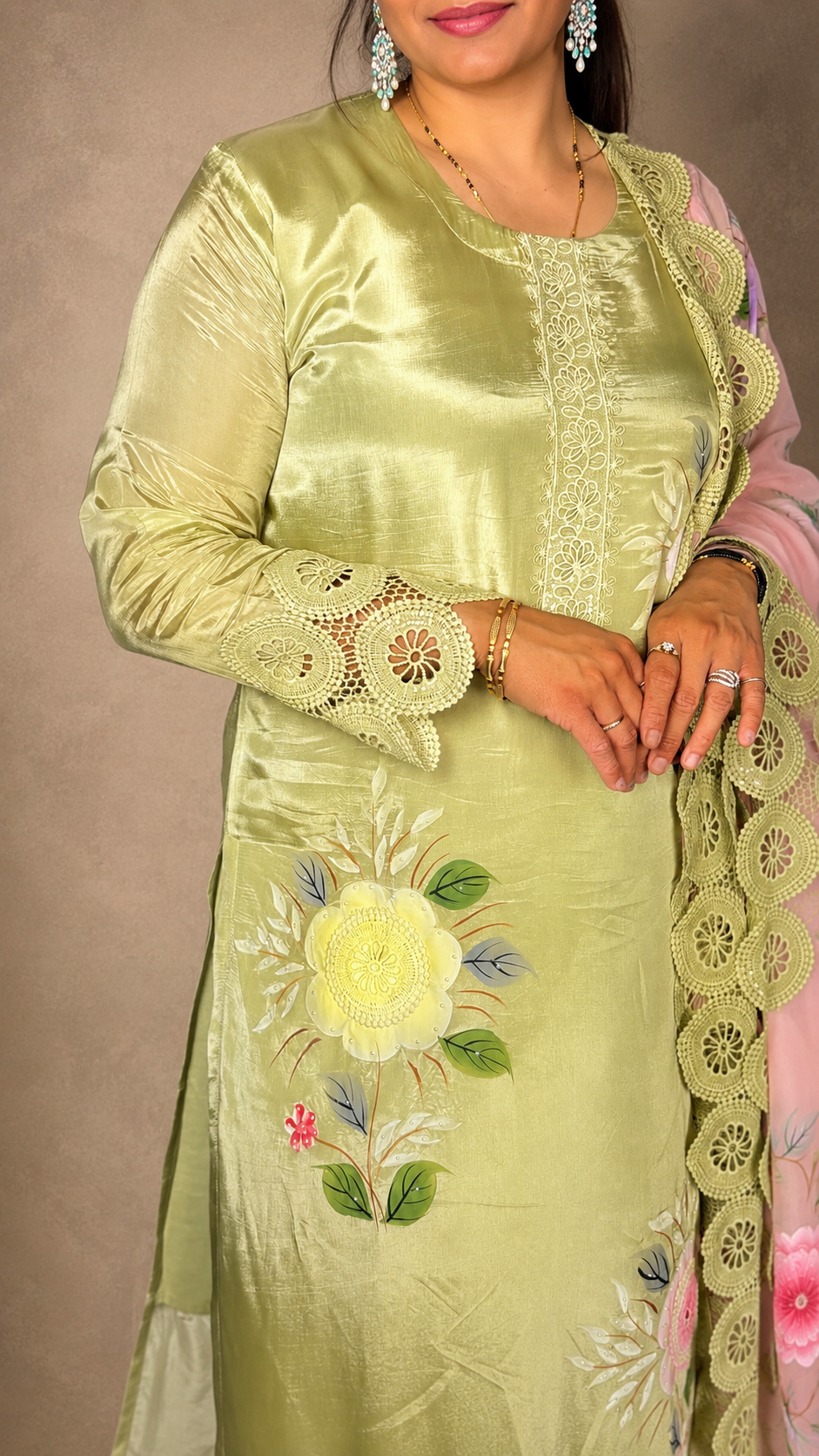"OJASVI"- Sage Green Brush Paint Lace Luxe Suit Set