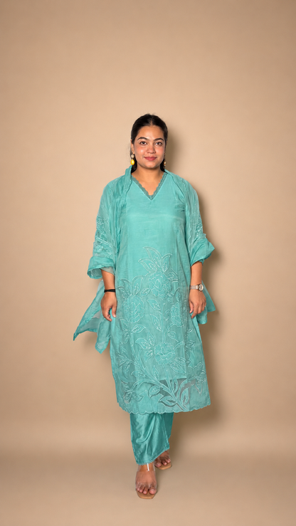 "VEDA"- Aqua Blue Floral Laser Cut Three Piece Set
