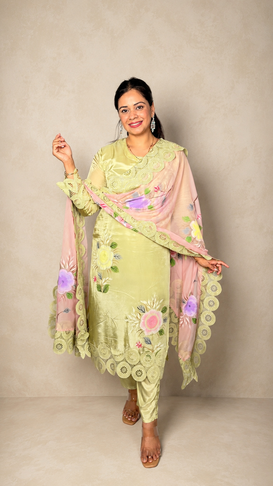 "OJASVI"- Sage Green Brush Paint Lace Luxe Suit Set
