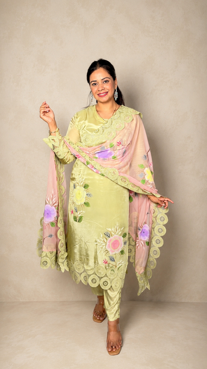 "OJASVI"- Sage Green Brush Paint Lace Luxe Suit Set