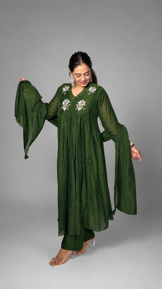 "TANISHA"- Green Emerald Rose A-Line Luxe Suit Set