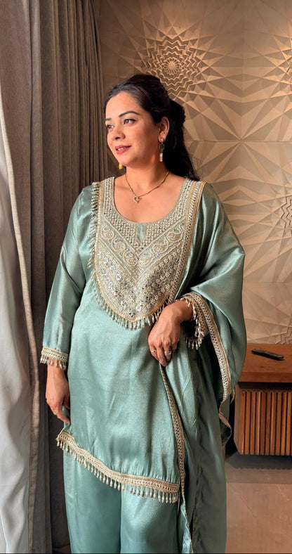 "MERINA"- Sage Green Festive Suit Set