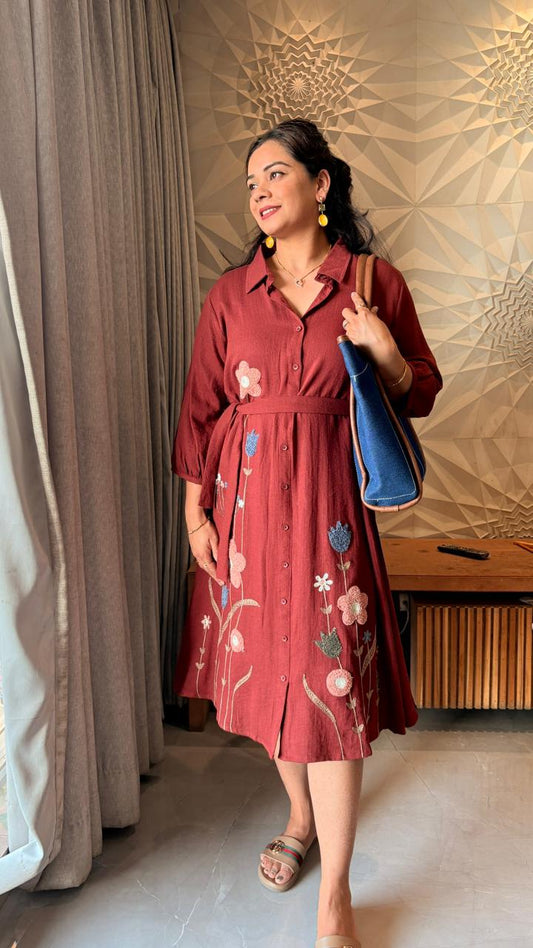 "Velina" - Brick Red Meadow Floral Dress