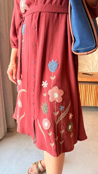 "VELINA" - Brick Red Meadow Floral Dress
