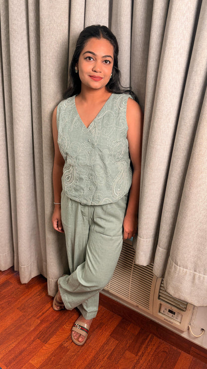 "ZYLA" -Sage Green Embroidered Co-Ord Set