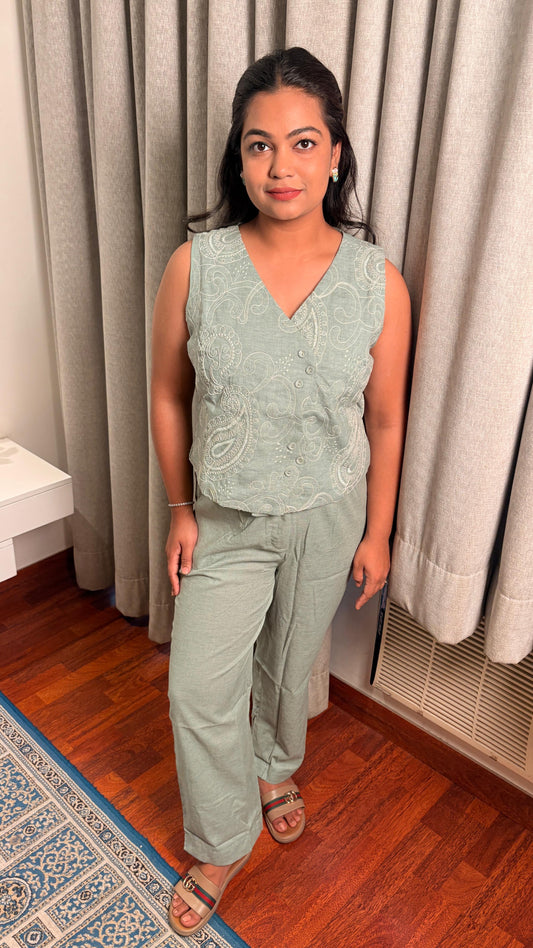 "Zyla" -Sage Green Embroidered Co-Ord Set