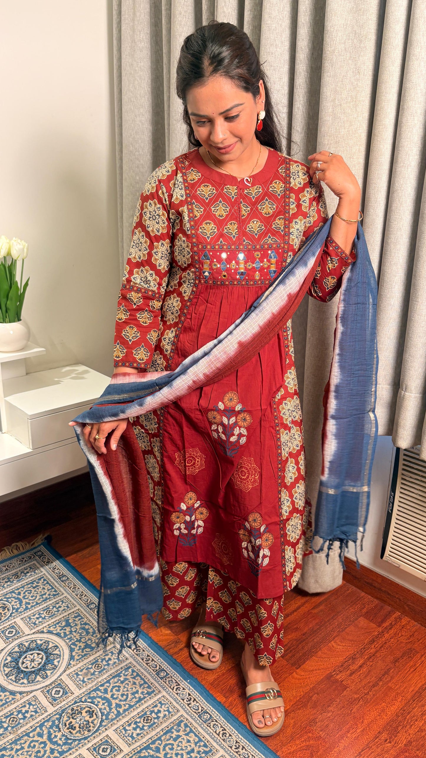 "Nysa"-Rust Red Printed Suit Set