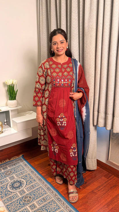 "Nysa"-Rust Red Printed Suit Set