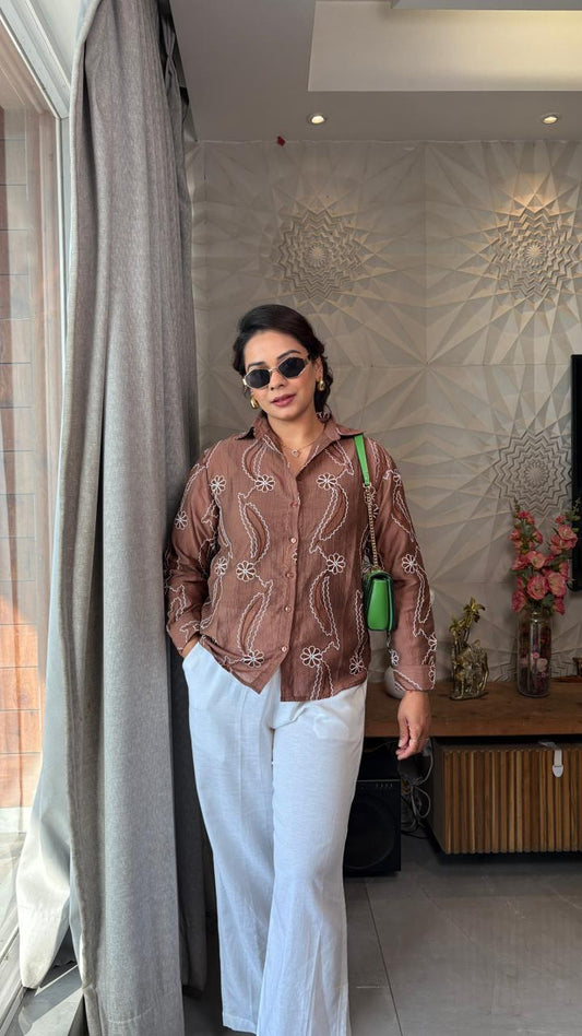 "Millie"- Brown Embroidered Shirt Set