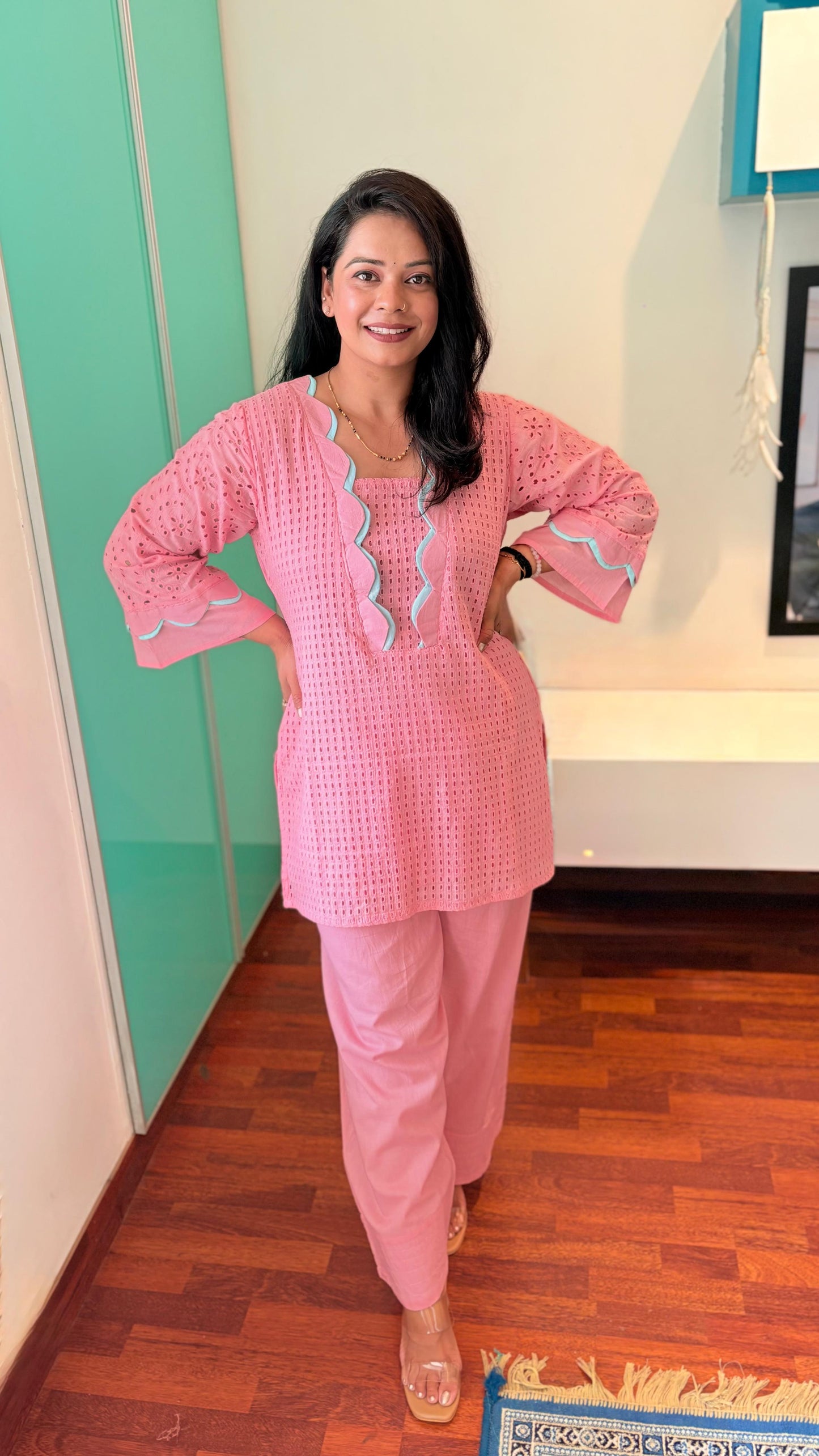 "YANA"- Blush Pink Schiffli Cotton Co-Ord Set