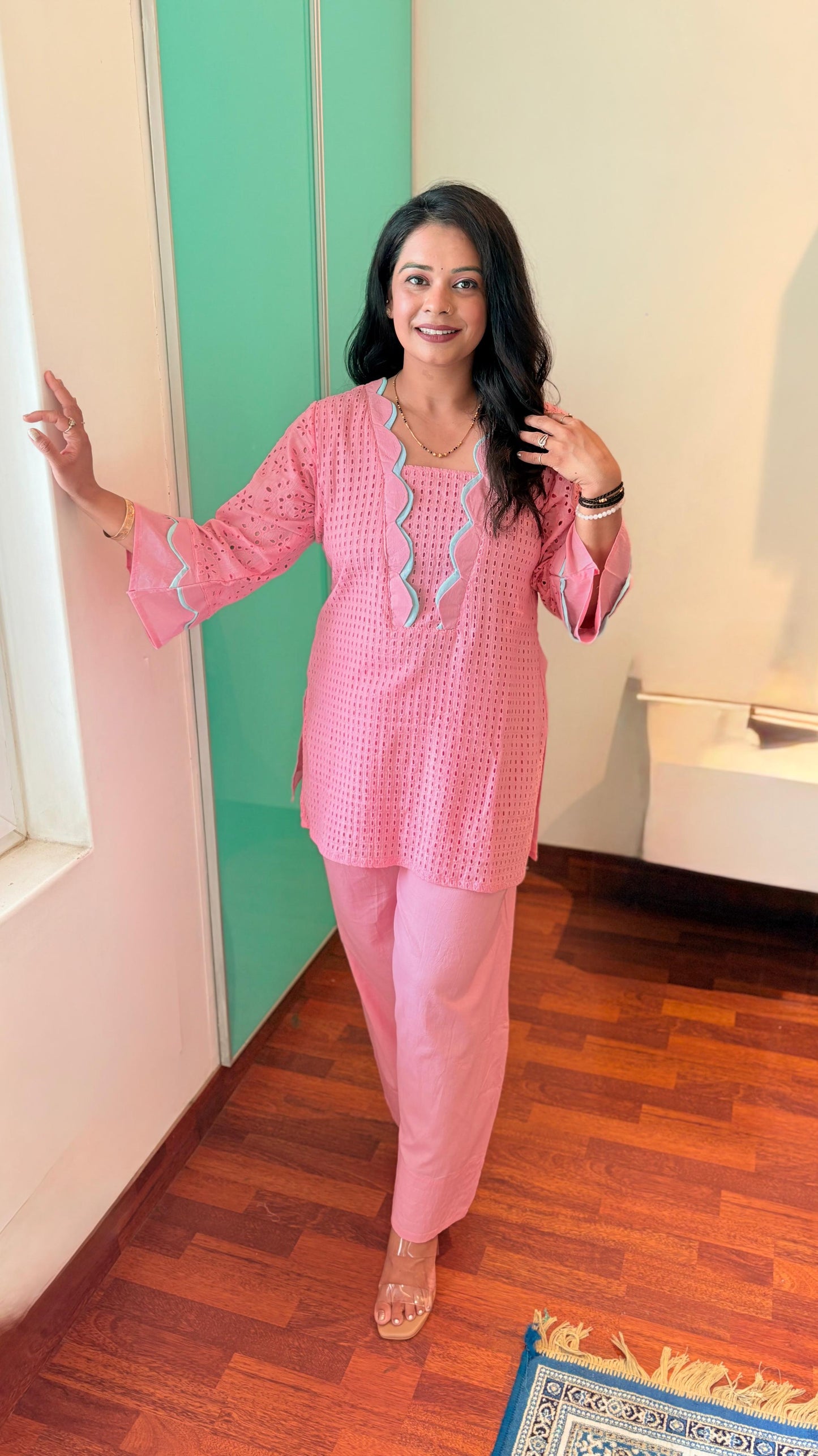 "YANA"- Blush Pink Schiffli Cotton Co-Ord Set
