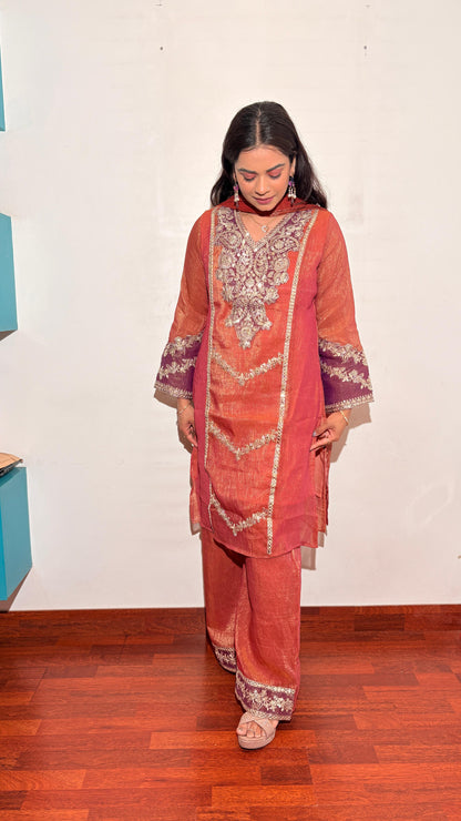 "ZARIYA"- Sunset Coral Plum Suit Set