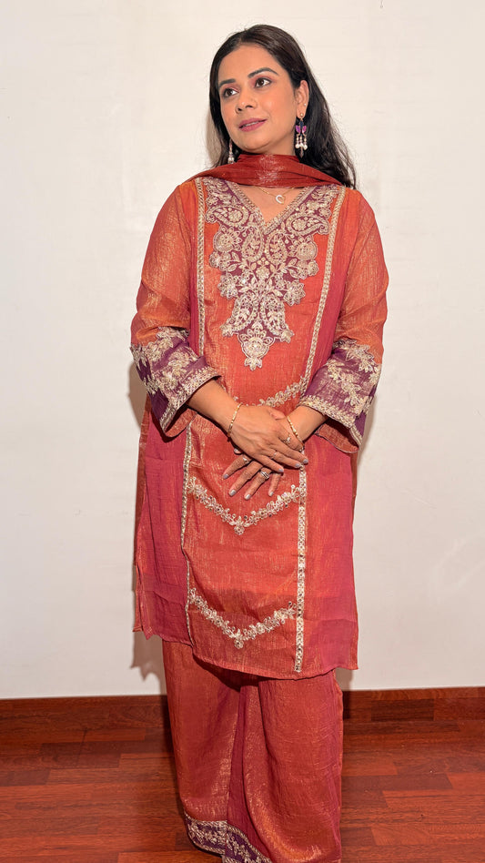 "ZARIYA"- Sunset Coral Plum Suit Set