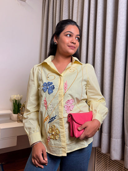 "FAUNA" -Soft Lemon Floral Vine Embroidered Shirt