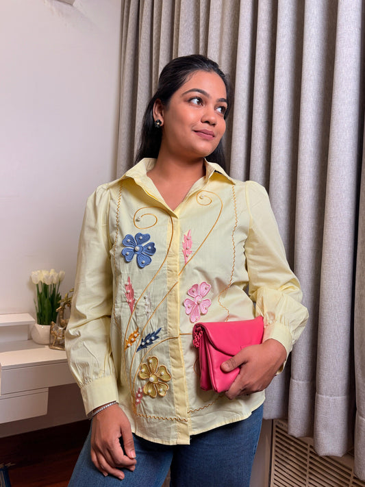 "FAUNA" -Soft Lemon Floral Vine Embroidered Shirt