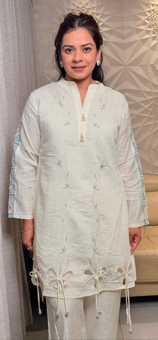 "AURELIA"- Soft Ivory & Powder Blue Lace Suit Set