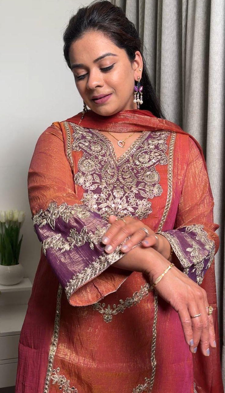"ZARIYA"- Sunset Coral Plum Suit Set