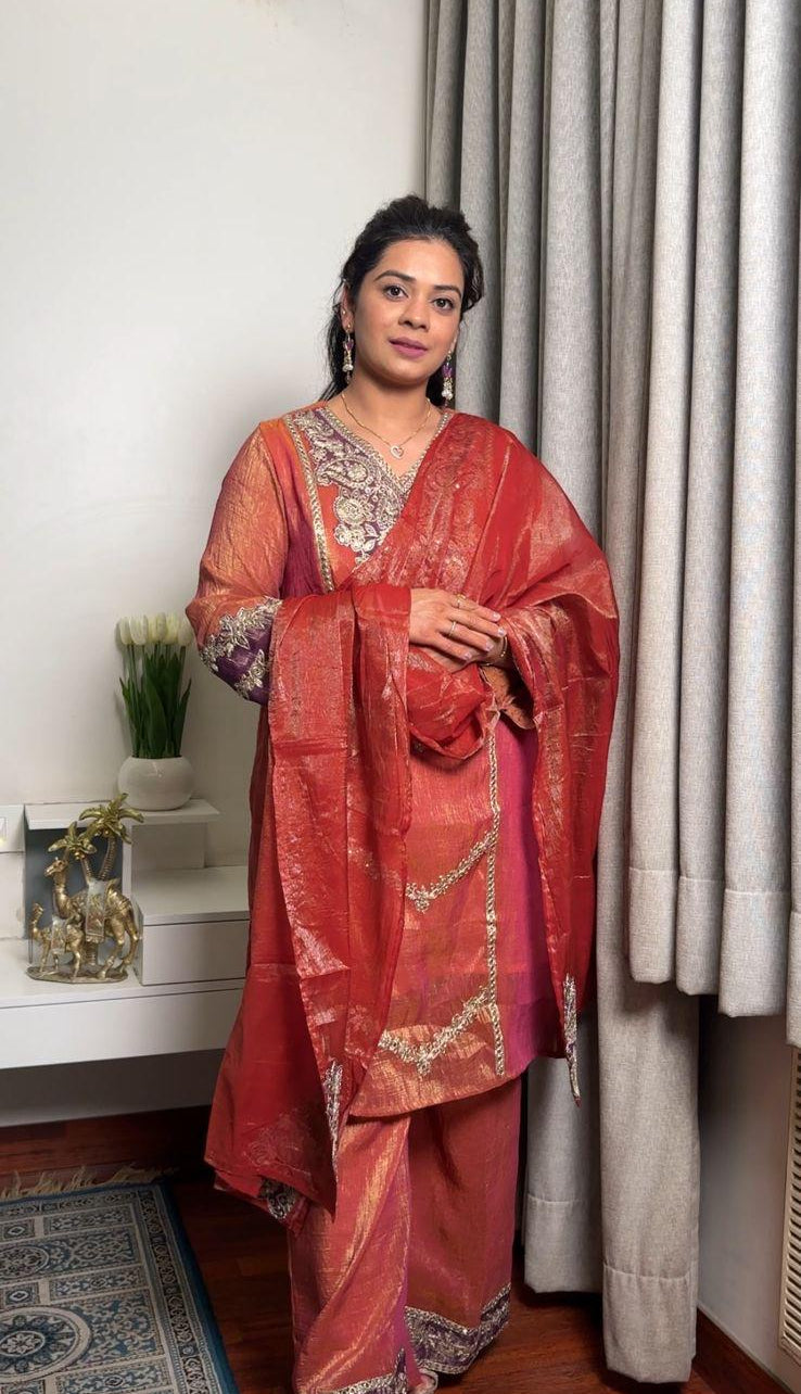 "ZARIYA"- Sunset Coral Plum Suit Set