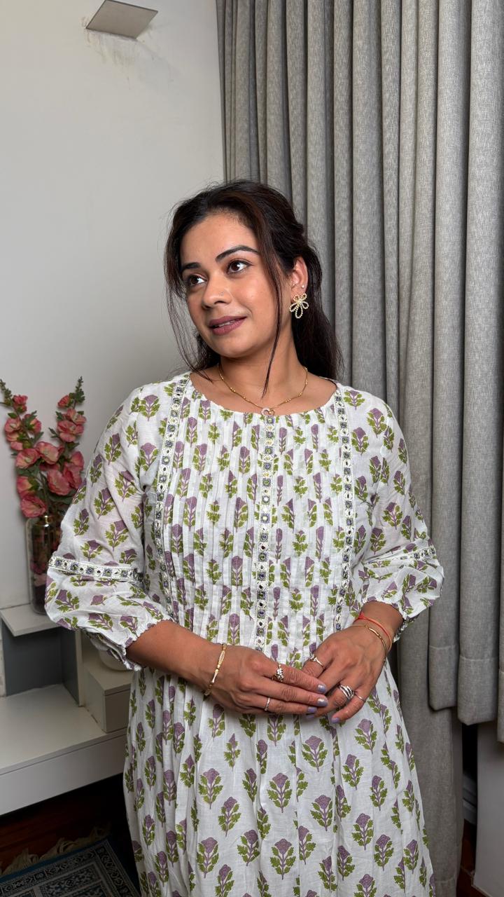 "Mia"- White & Pastel Floral Kurta Set