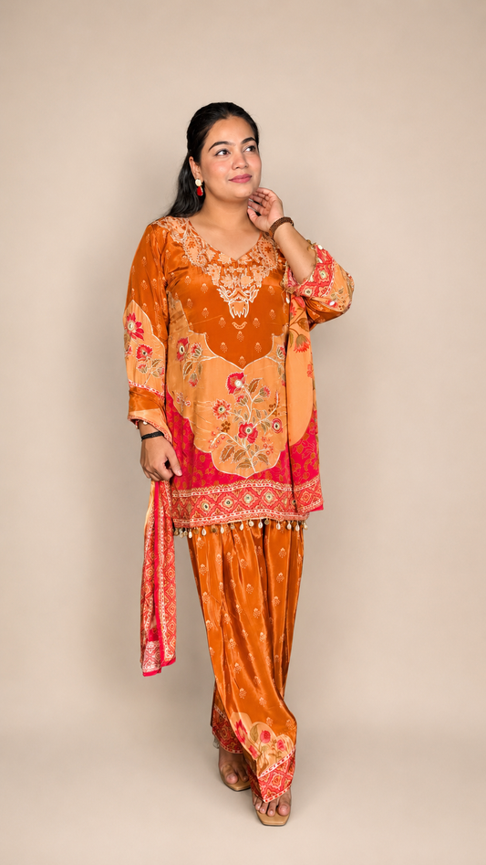 "MRINAL"- Amber Rust Heritage Farshi Luxe Suit Set